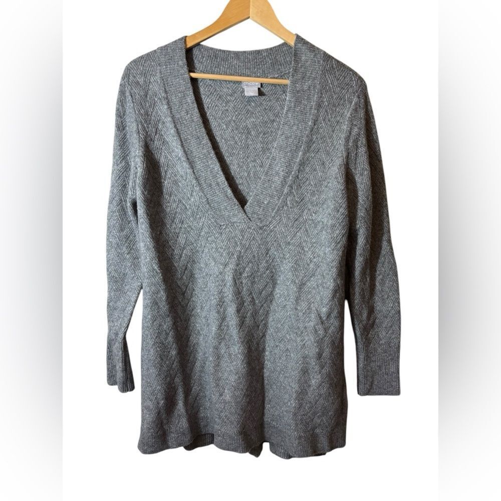 Chicos Gray Chevron Knit V-Neck Sweater Tunic Size 1 Medium US M Wool Blend